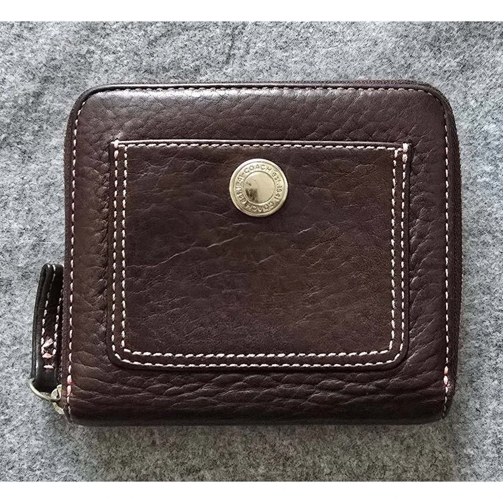 Vintage Coach Chelsea Brown Pebbled Leather Zip-Around Wallet pink stitching GUC